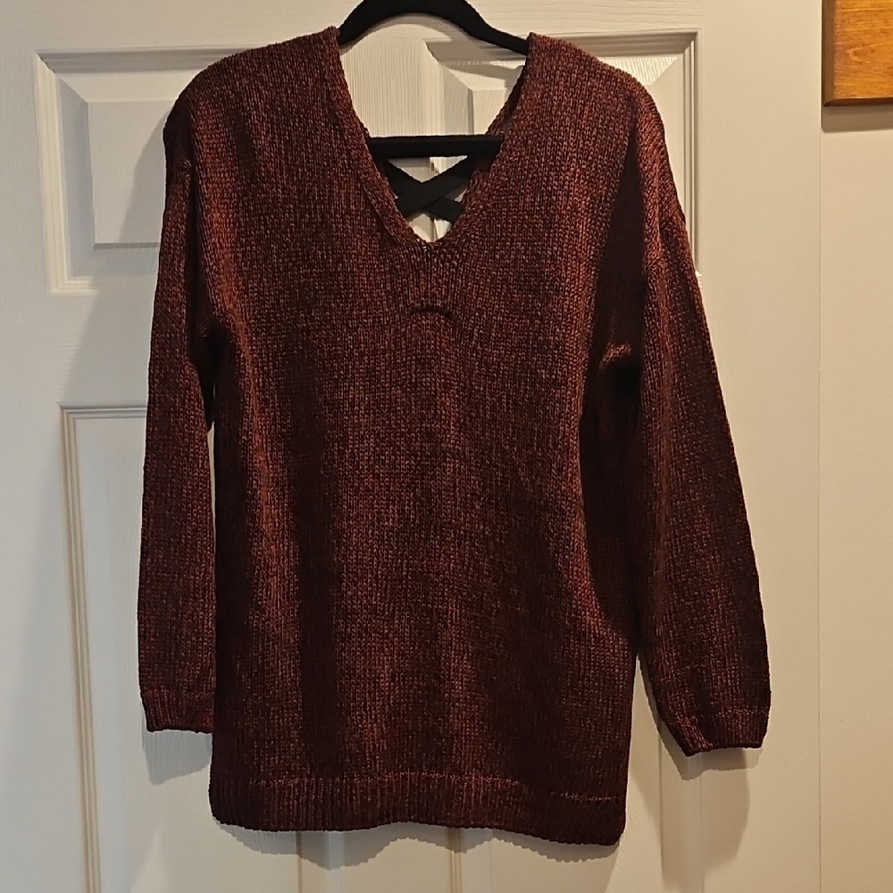 Burgundy V-Neck Sweater with Back Detail